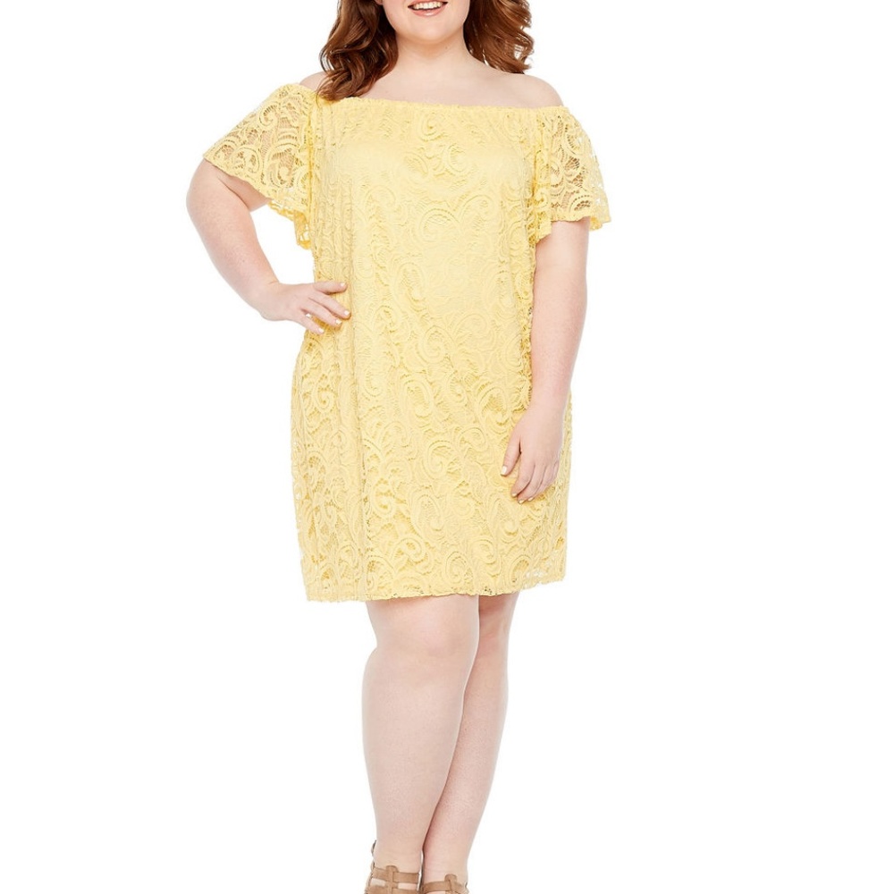 Tiana B Short Sleeve Yellow Lace Shift Dress